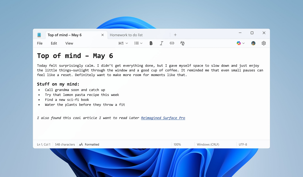 Блокнот в Windows 11 станет больше похож на текстовый редактор Word